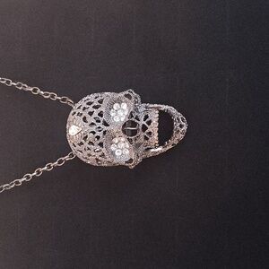 Silver Pewter Skull  Crystal Pendant Necklace